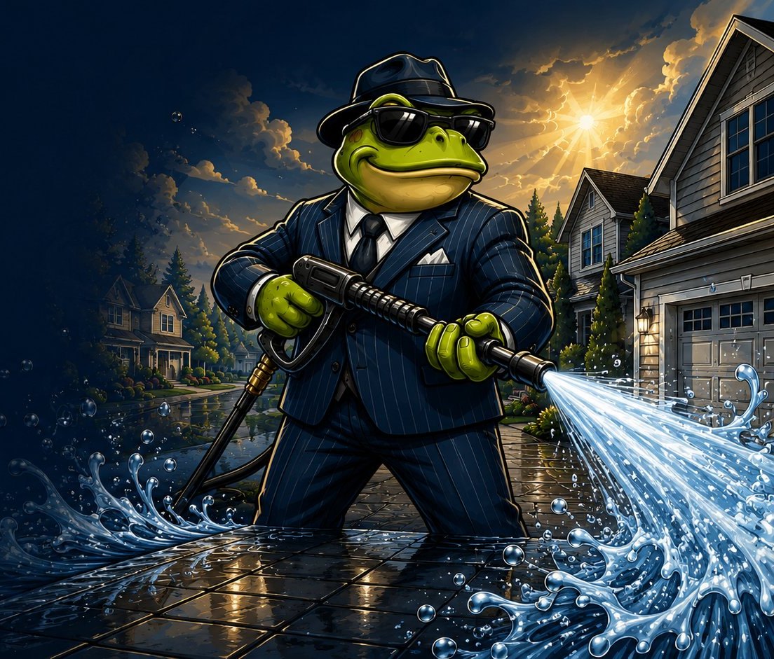 Toady the frog pressure washing a home